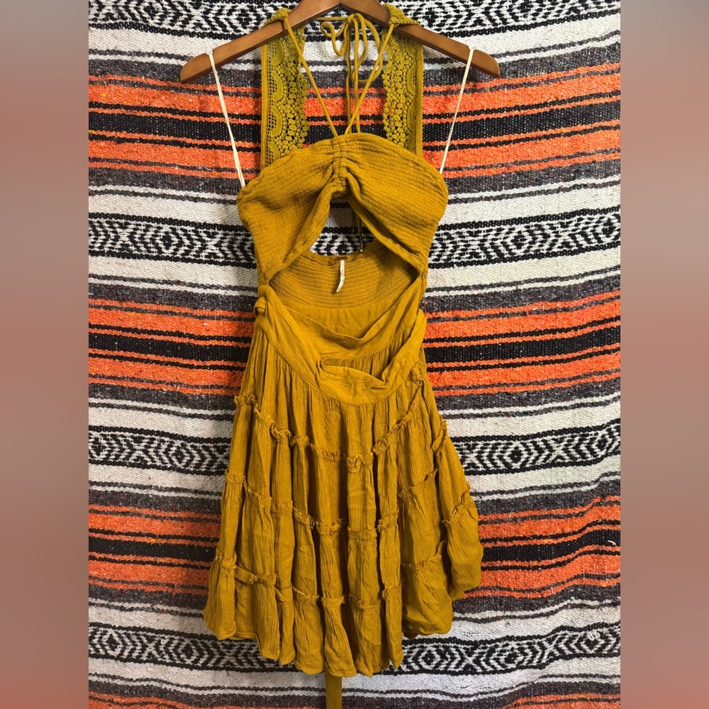 free people mustard yellow flowy cut out dress